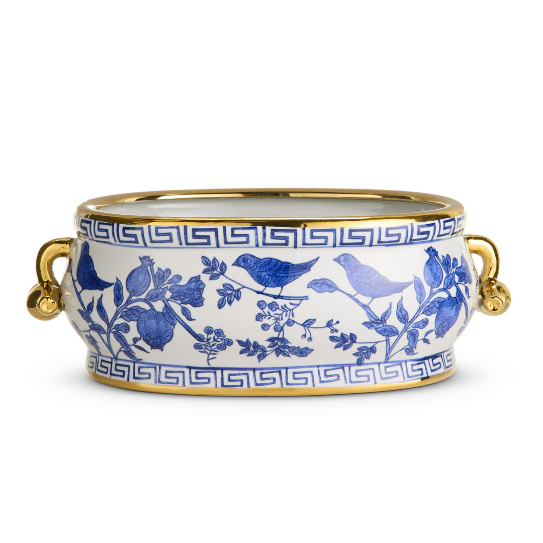 RAZ 6.5" Blue Bird Planter with Handles featuring a beautiful blue and white design on water-sealed clay.