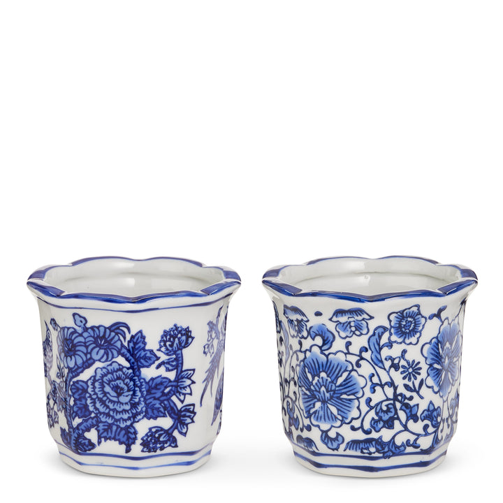 RAZ 4" Mini Blue and White Pots featuring a floral chinoiserie design.