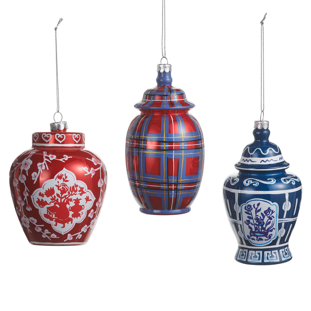 RAZ 5" Dressed in Plaid Chinoiserie Ornament featuring an elegant plaid design on a glass finial.