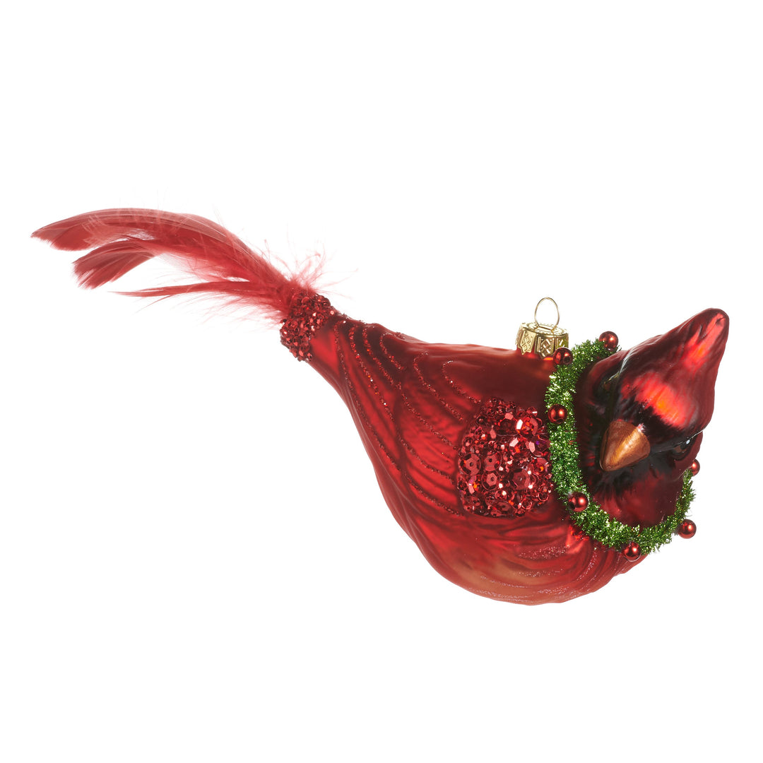 RAZ 9" Cardinal with Wreath Ornament featuring a red glass and plastic cardinal bird design.