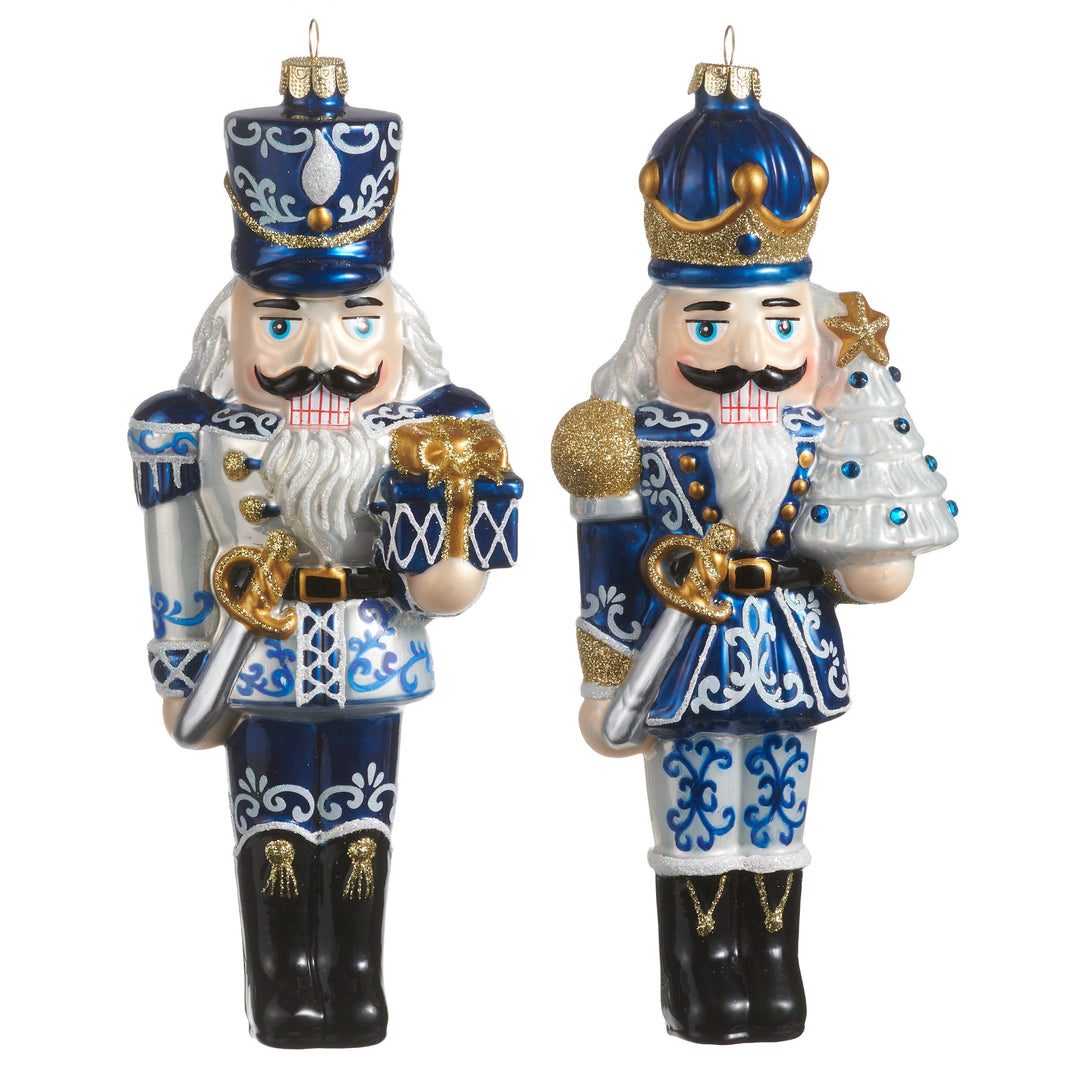 RAZ 8.25" Chinoiserie Nutcracker Ornament featuring an elegant blue and white glass design.