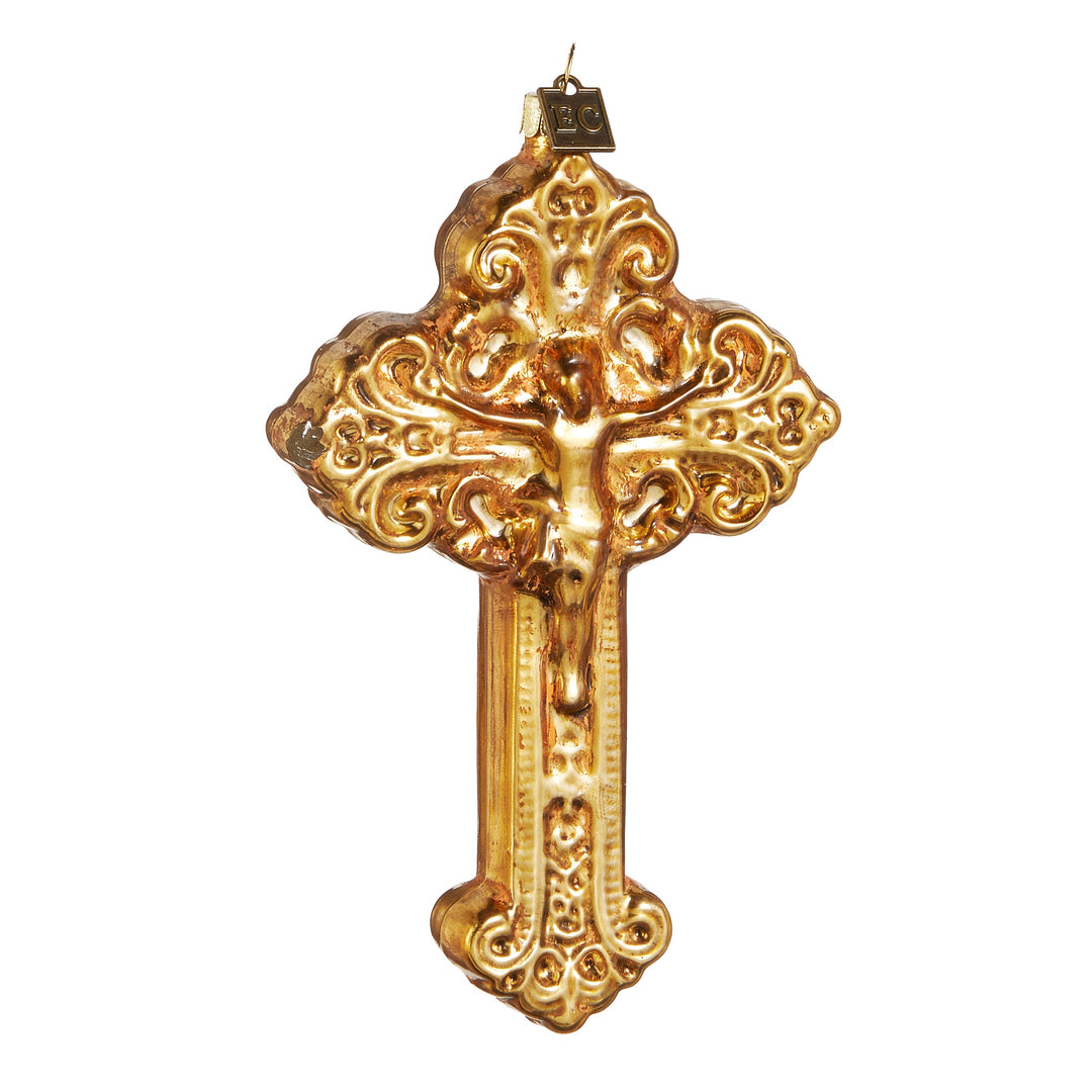 RAZ EC 6.25" Cross of Grace Ornament featuring an intricate gold glass design by Eric Cortina.