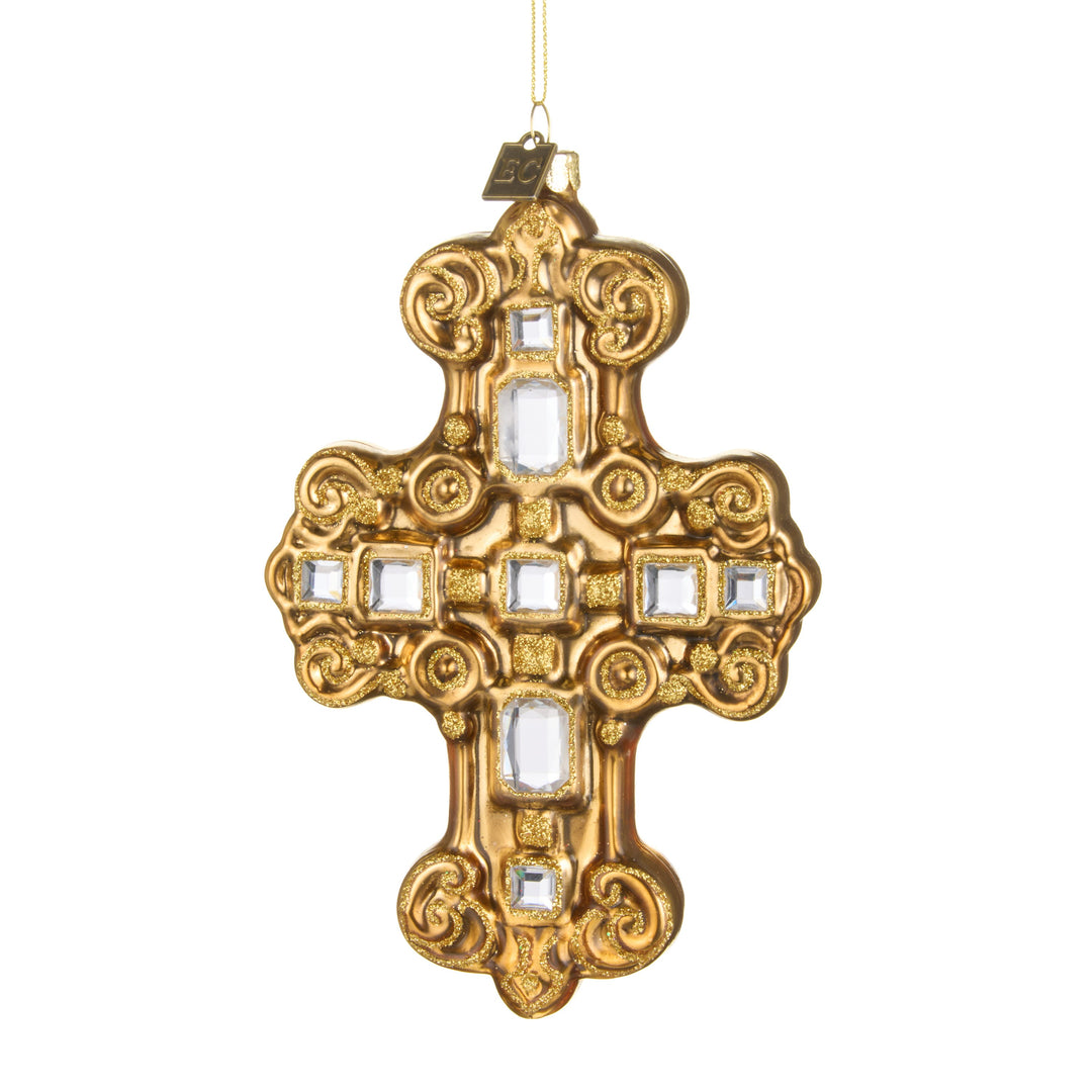 RAZ EC 6.25" Clear Jeweled Cross Ornament featuring an intricate glass and acrylic design by Eric Cortina.