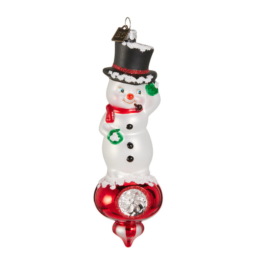 RAZ EC 6.5" Howdy Snowman Reflector Ornament featuring a festive glass snowman design by Eric Cortina.