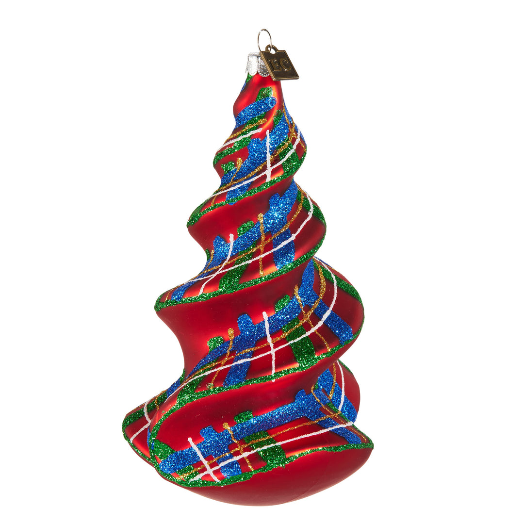 RAZ EC 6.25" Tartan Spiral Tree Ornament featuring a festive glass spiral tree design by Eric Cortina.