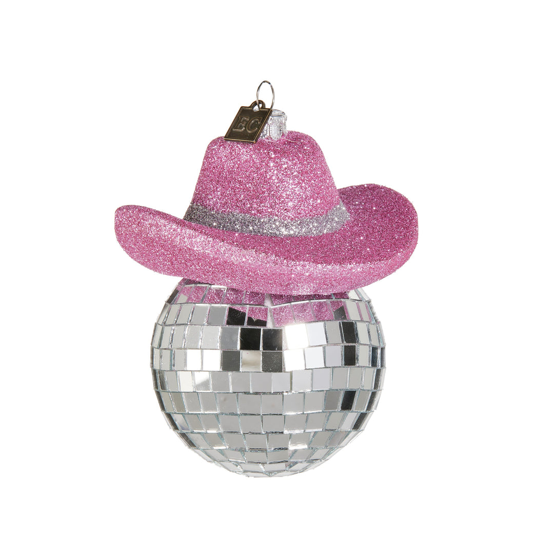 RAZ EC 4.25" Glitter Pop Pink Shiny Cowboy Hat Ornament featuring a fun pink glass cowboy hat design by Eric Cortina.