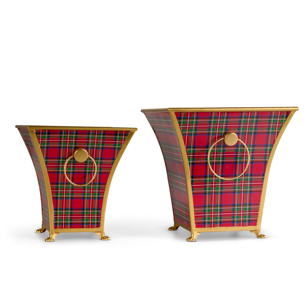 RAZ Plaid Cache Pot featuring a classic red and green plaid pattern on a conical iron design.