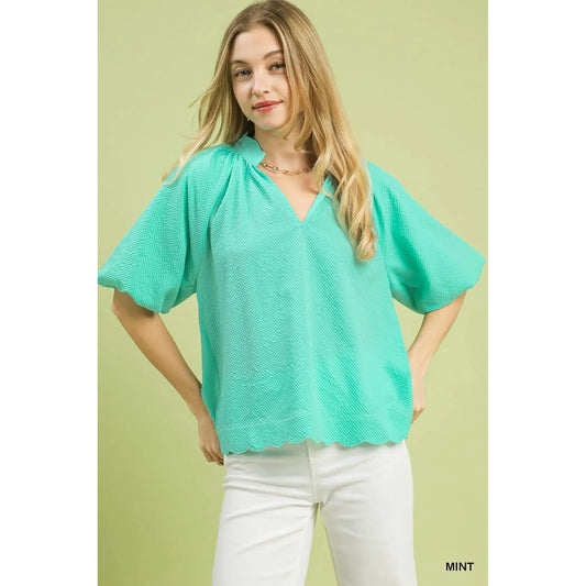 Savannah Bubble Sleeve Scalloped Edge Top - Mint