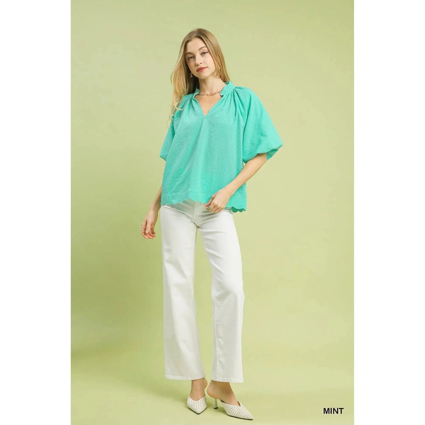Savannah Bubble Sleeve Scalloped Edge Top - Mint