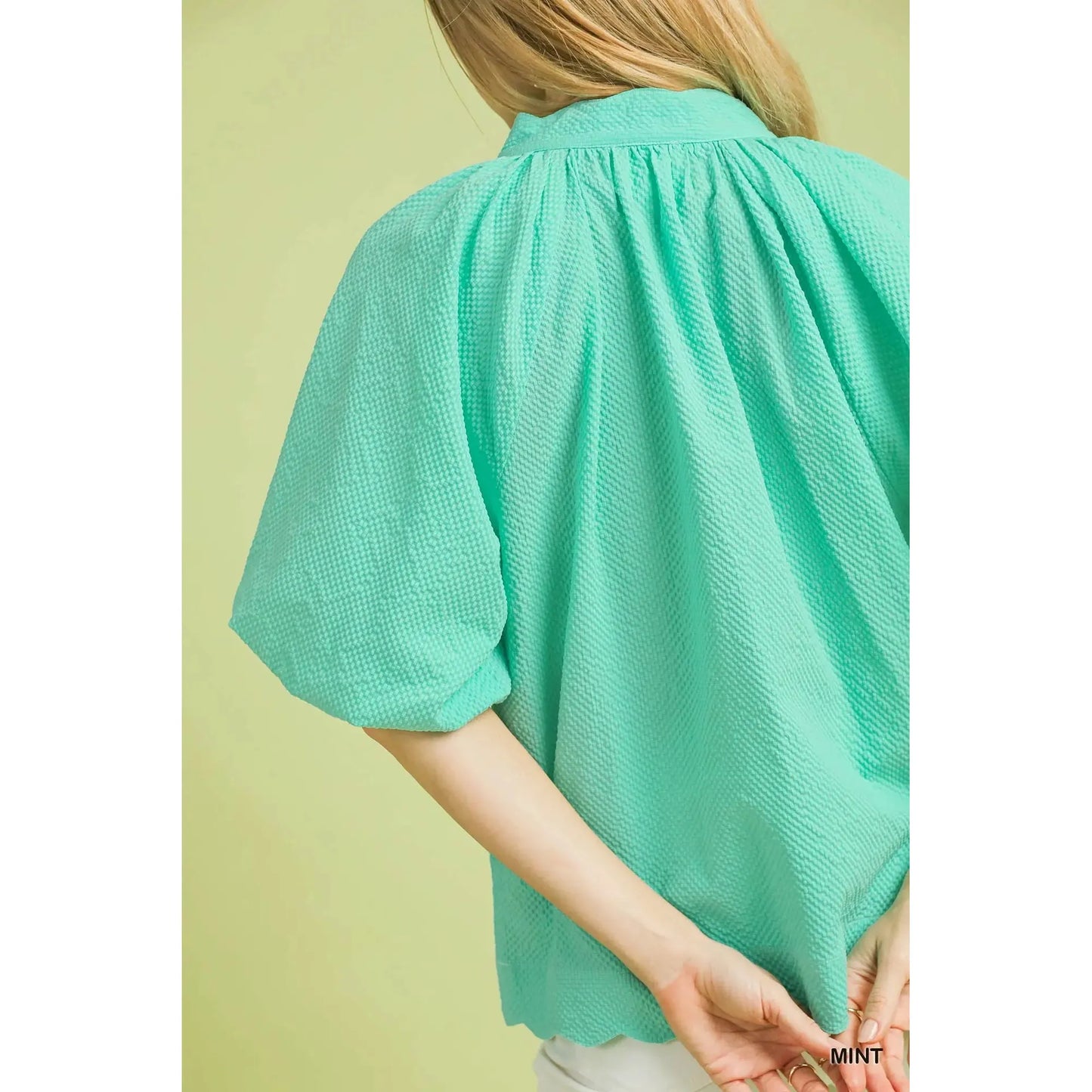Savannah Bubble Sleeve Scalloped Edge Top - Mint