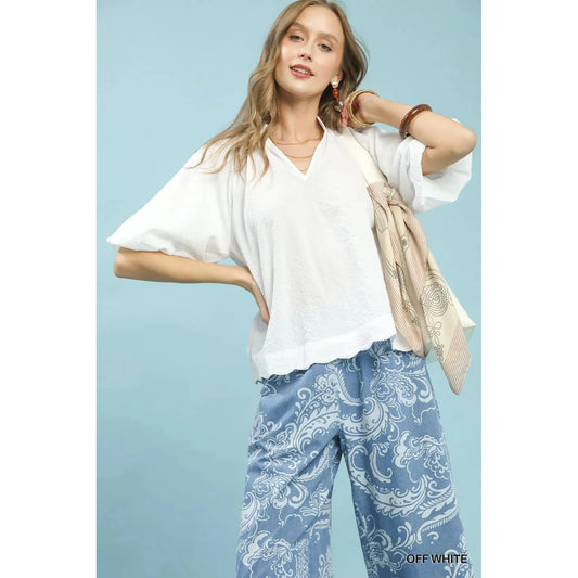 Savannah Bubble Sleeve Scalloped Edge Top - Off White