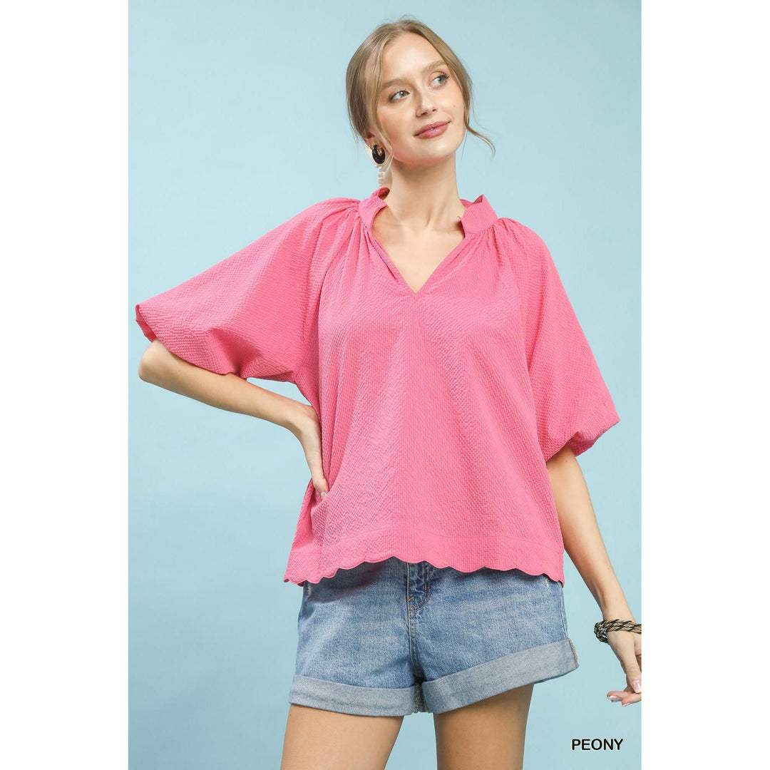 Arabella top, seersucker bubble sleeve blouse, scalloped hem top, Umgee seersucker shirt, women&