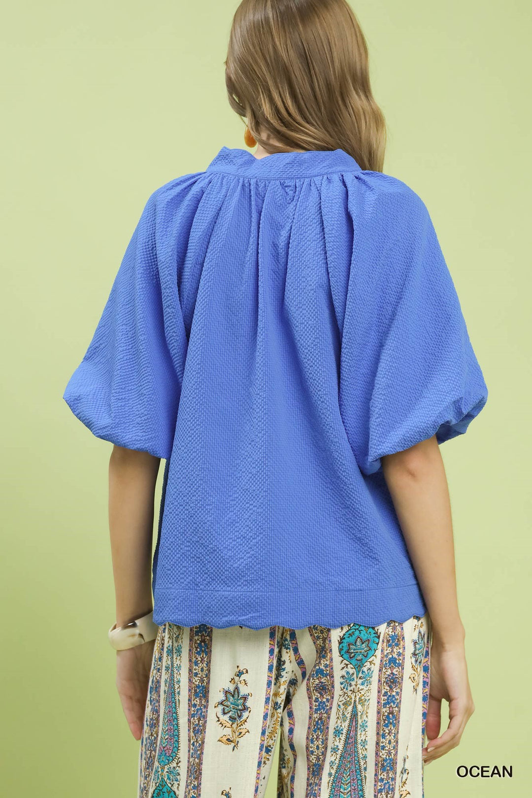 Umgee Bubble Sleeve Seersucker Top - Ocean