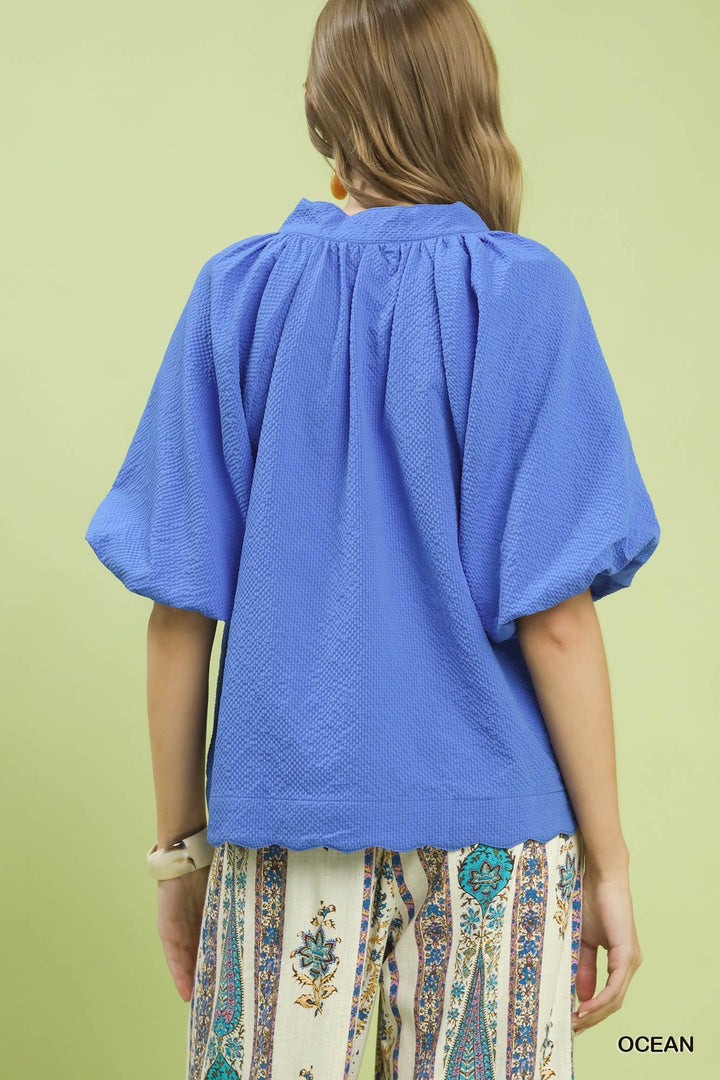 Umgee Bubble Sleeve Seersucker Top - Ocean