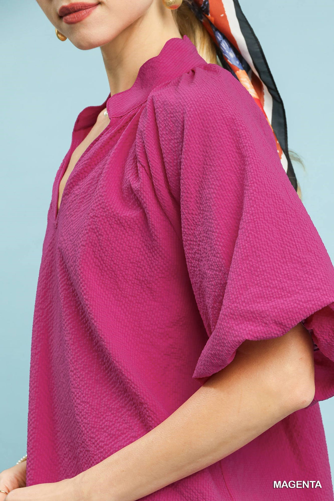 Umgee Bubble Sleeve Seersucker Top - Magenta