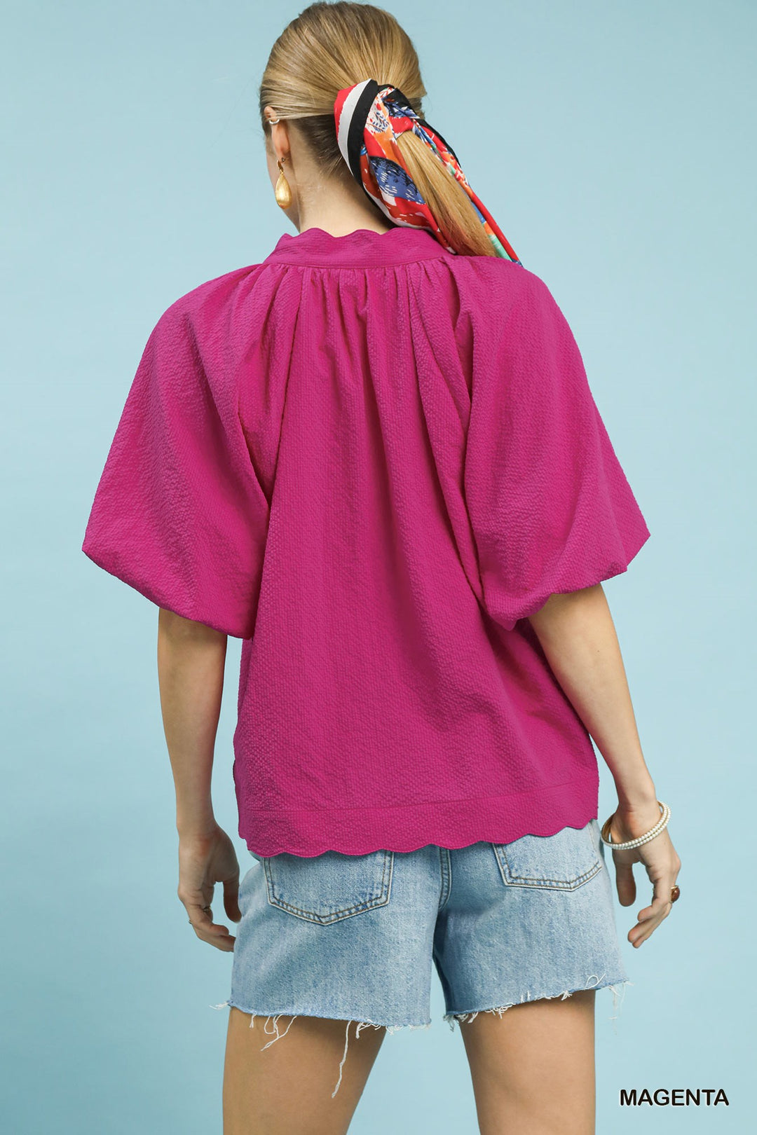 Umgee Bubble Sleeve Seersucker Top - Magenta
