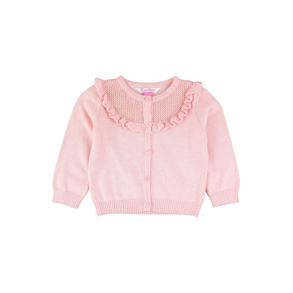 Girls Pink Sweater Knit Ruffle Trim Cardigan