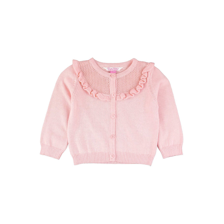 Girls Pink Sweater Knit Ruffle Trim Cardigan