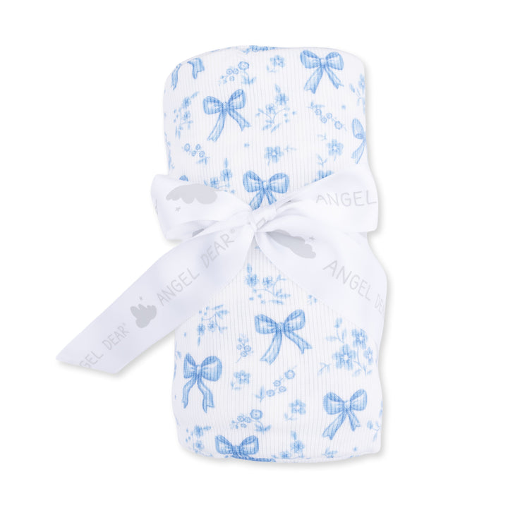 Angel Dear Blue Bows and Flowers Swaddle Blanket Off White &amp; Blue