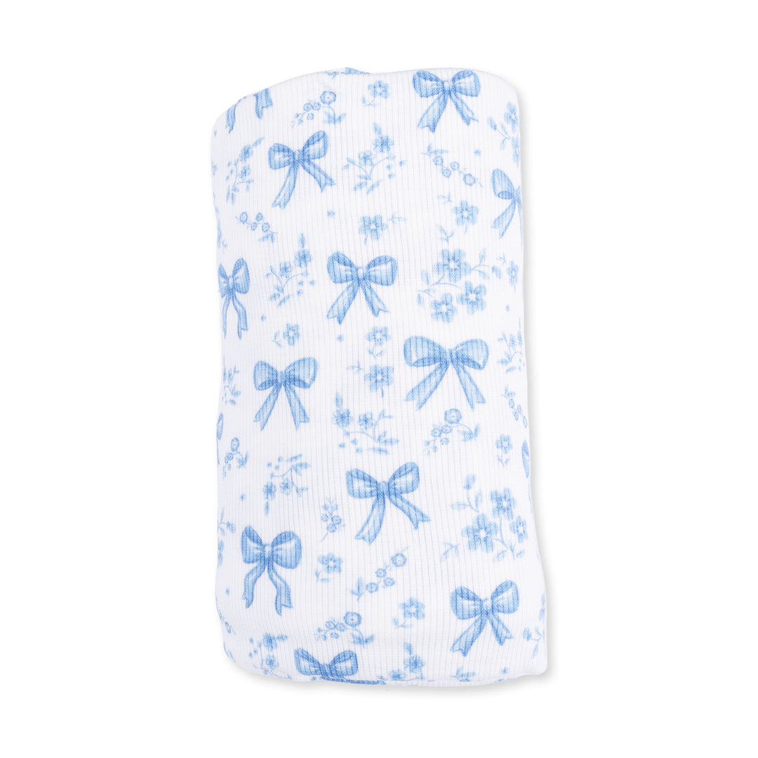 Angel Dear Blue Bows and Flowers Swaddle Blanket Off White &amp; Blue