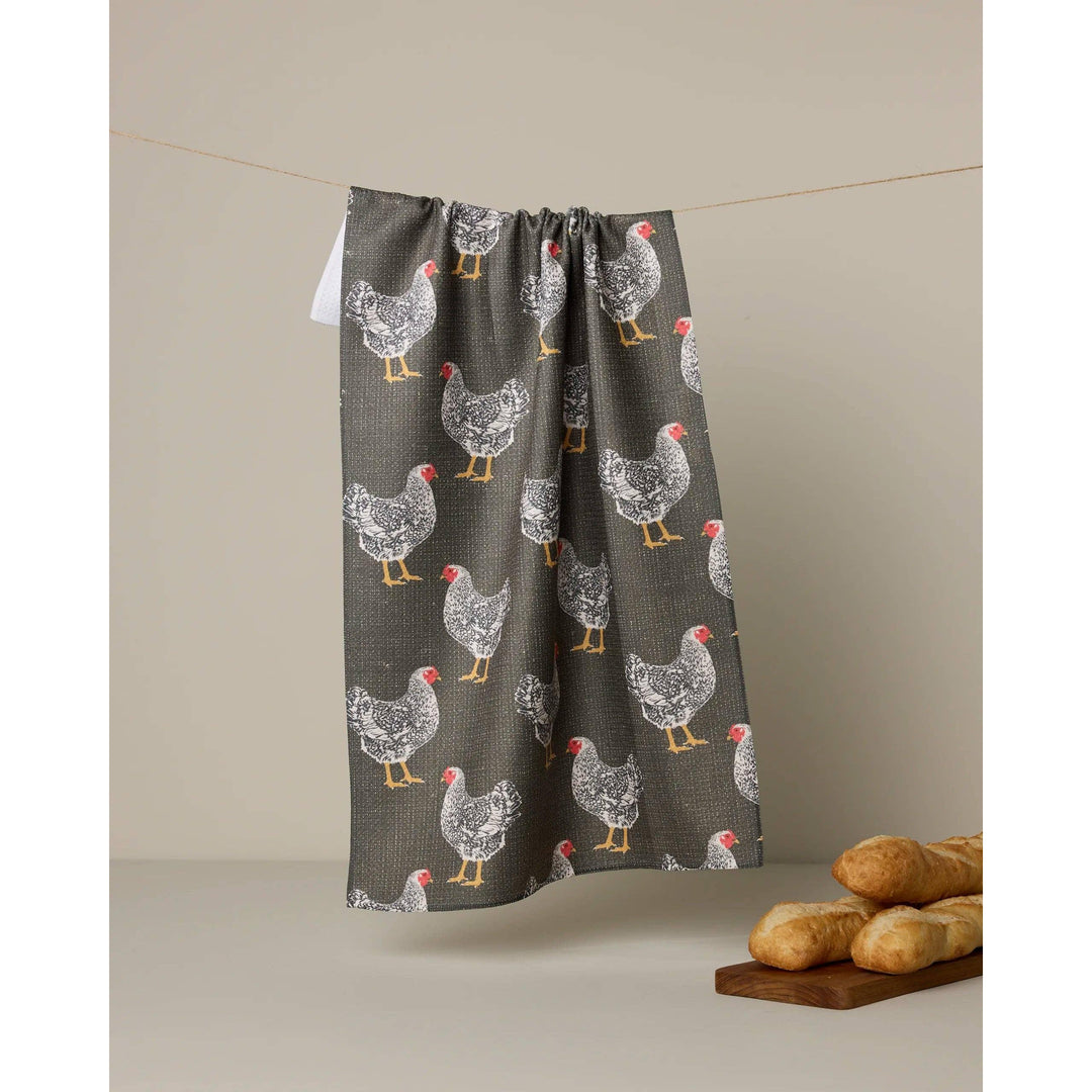 Geometry Hen House kitchen tea towel with black and white chicken print on gray