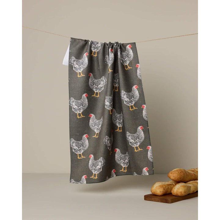 Geometry Hen House kitchen tea towel with black and white chicken print on gray