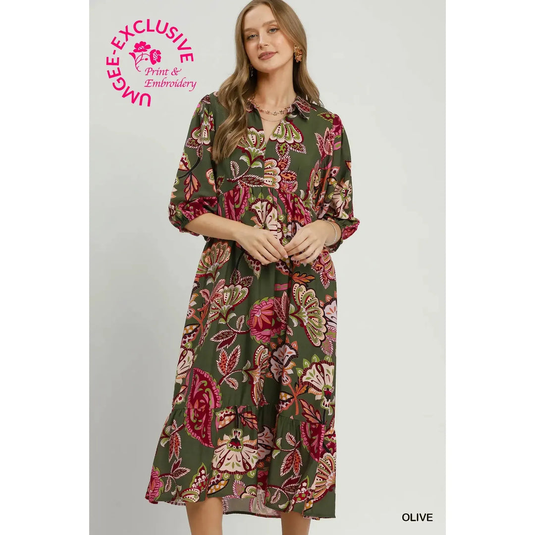 Umgee Boho Paisley Tiered Midi Dress in olive featuring a V-neckline, 3/4 sleeves, and a tiered silhouette.
