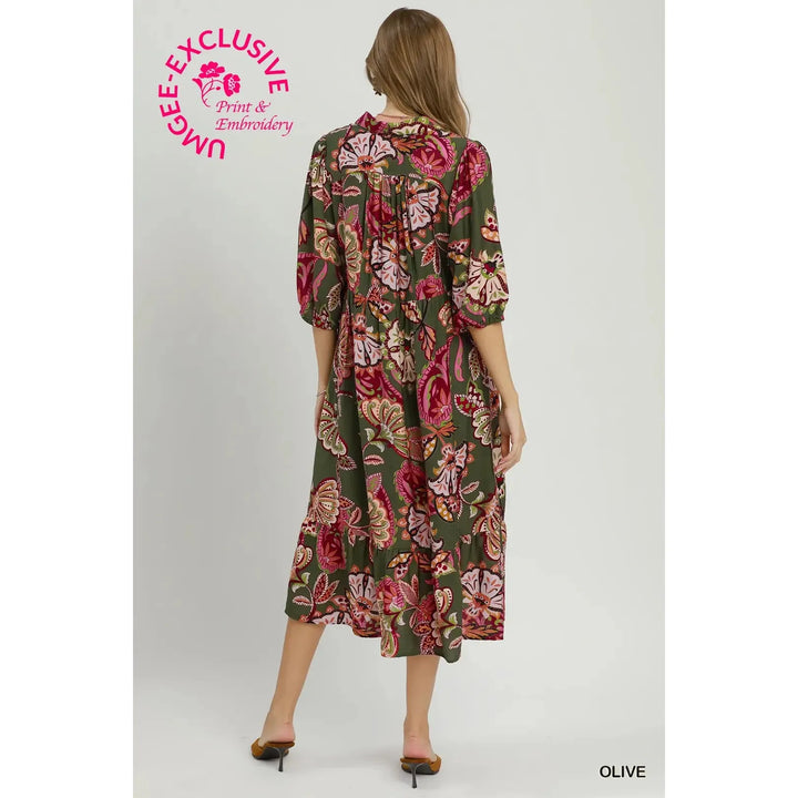 Umgee Boho Paisley Tiered Midi Dress - Olive