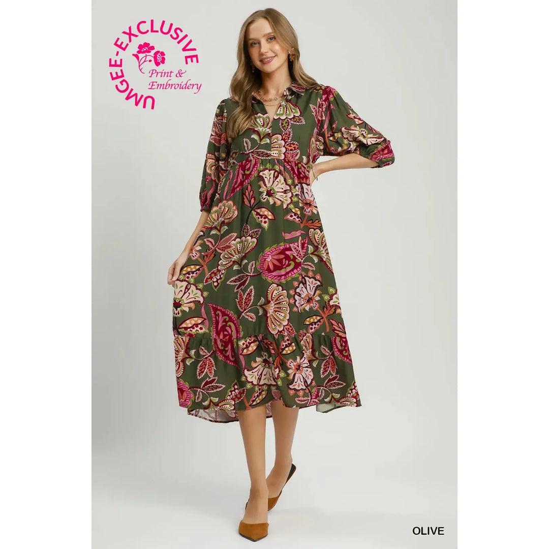 Umgee Boho Paisley Tiered Midi Dress - Olive