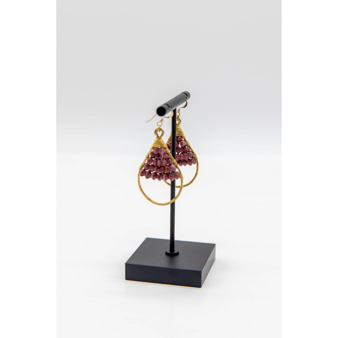 Woven Paper Bead Teardrop Hoop Earrings in Brass