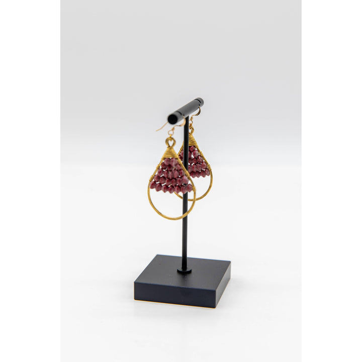 Woven Paper Bead Teardrop Hoop Earrings in Brass