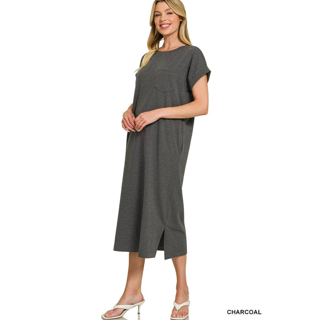 Round Neck Short Sleeve Midi Dress w/ Pockets