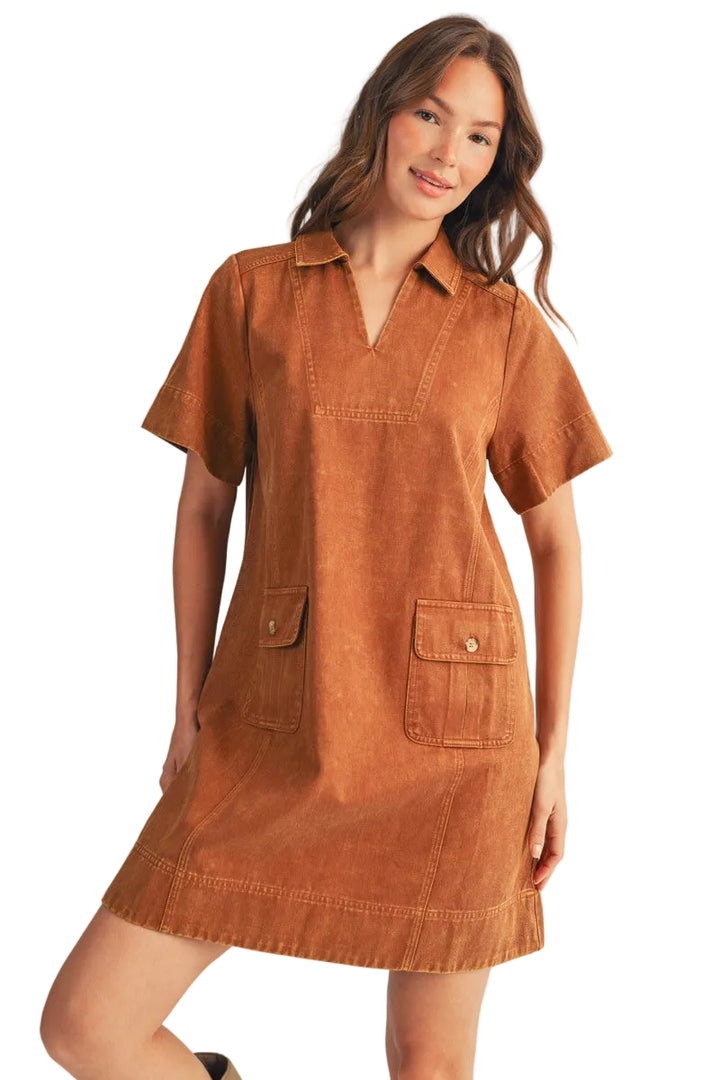 Jodifl Short Sleeve Garment Washed Shift Dress - Camel