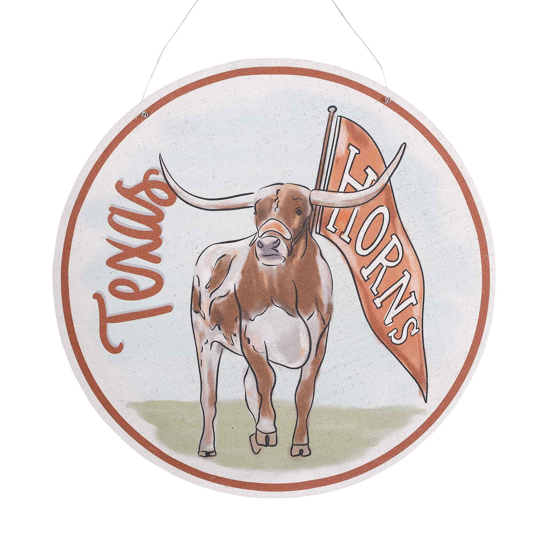 Glory Haus Texas Mascot Retro Burlee — vintage-inspired Longhorn design door hanger. Hook &