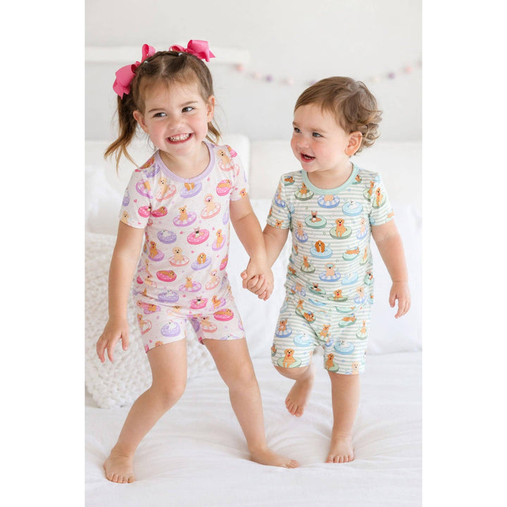 Two Piece Short Pajama Set | Poolside Pups Pink