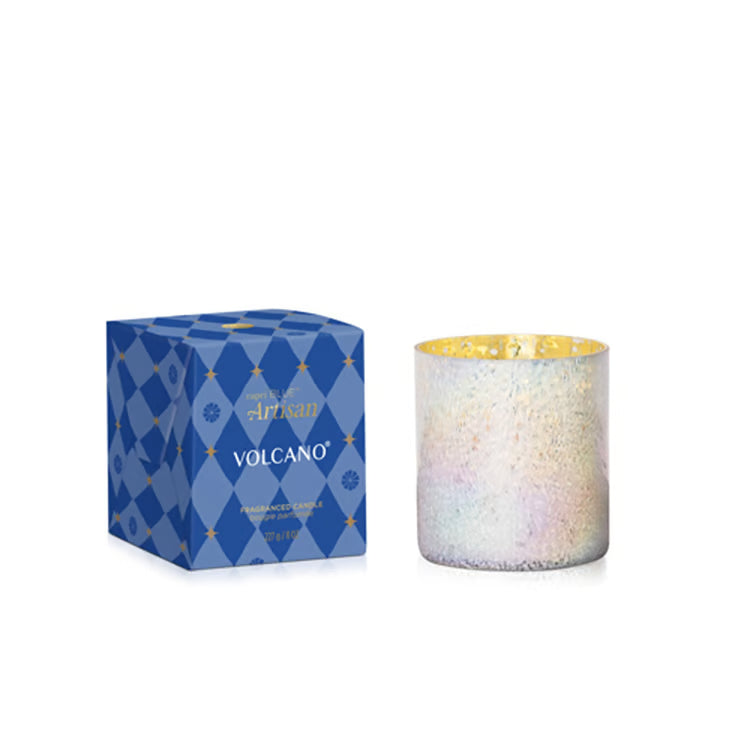 Capri Blue Volcano Winter Bazaar candle: blue argyle gift box with iridescent glass tumbler and gold interior