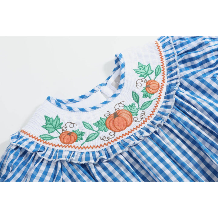 Blue Gingham Pumpkin Smocked Ruffle Romper