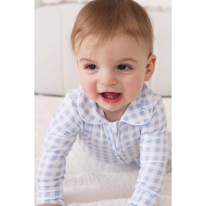 Peter Pan Collar Zipper Footie | Dusty Blue Gingham