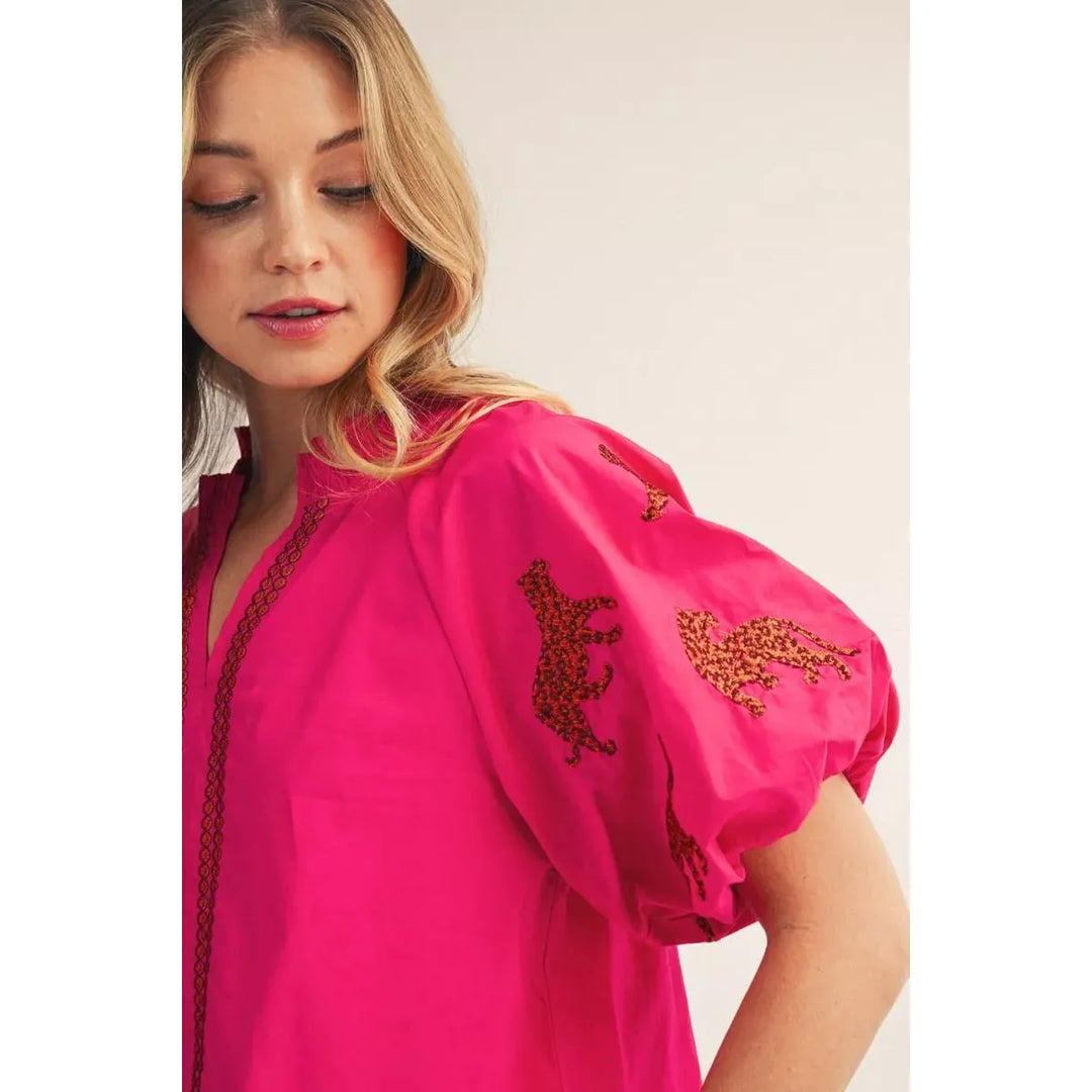The Harper Tiger Embroidered Puff Sleeve Top