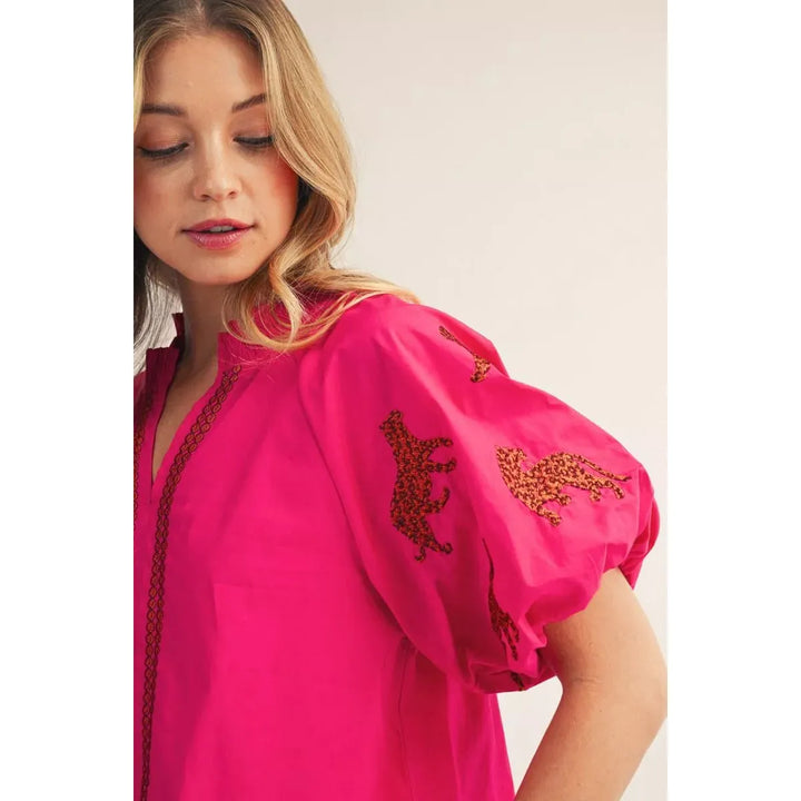 The Harper Tiger Embroidered Puff Sleeve Top