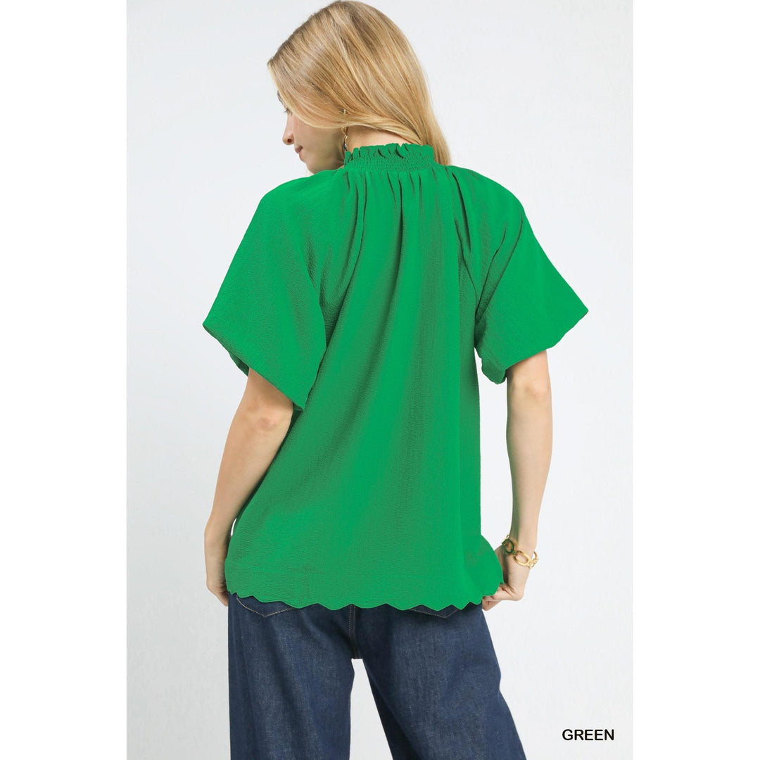 Umgee Scalloped Hem Textured Blouse - Green