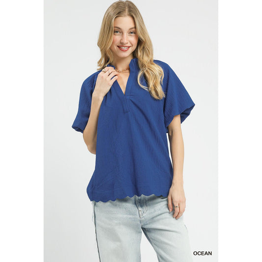 Genevieve blouse, scalloped hem top, textured ruffle blouse, puff sleeve top, Umgee best sellers, split neck textured top, women's boutique blouses.