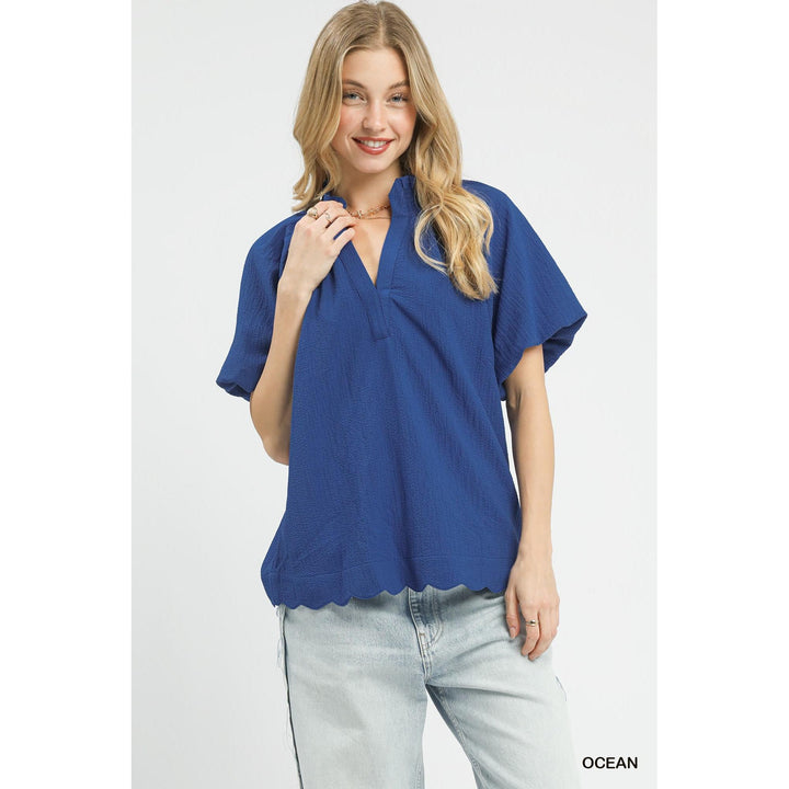 Genevieve blouse, scalloped hem top, textured ruffle blouse, puff sleeve top, Umgee best sellers, split neck textured top, women&