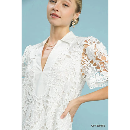 Charlotte Collared Lace Mini Dress - Off White
