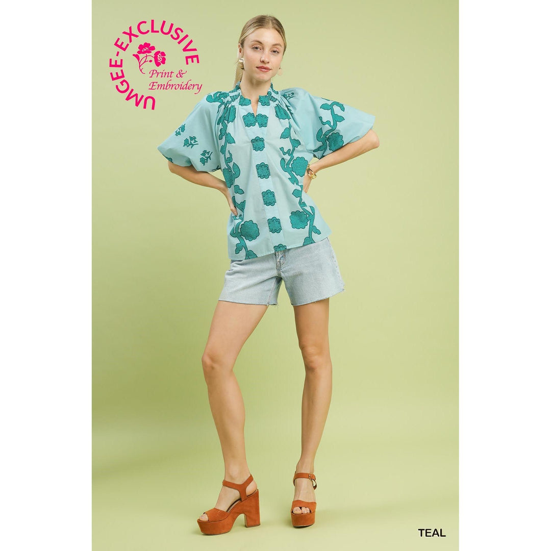 Umgee Print Smocked Collared Top - Teal