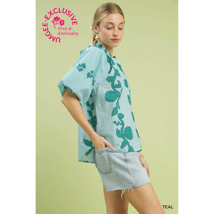 Umgee Print Smocked Collared Top - Teal