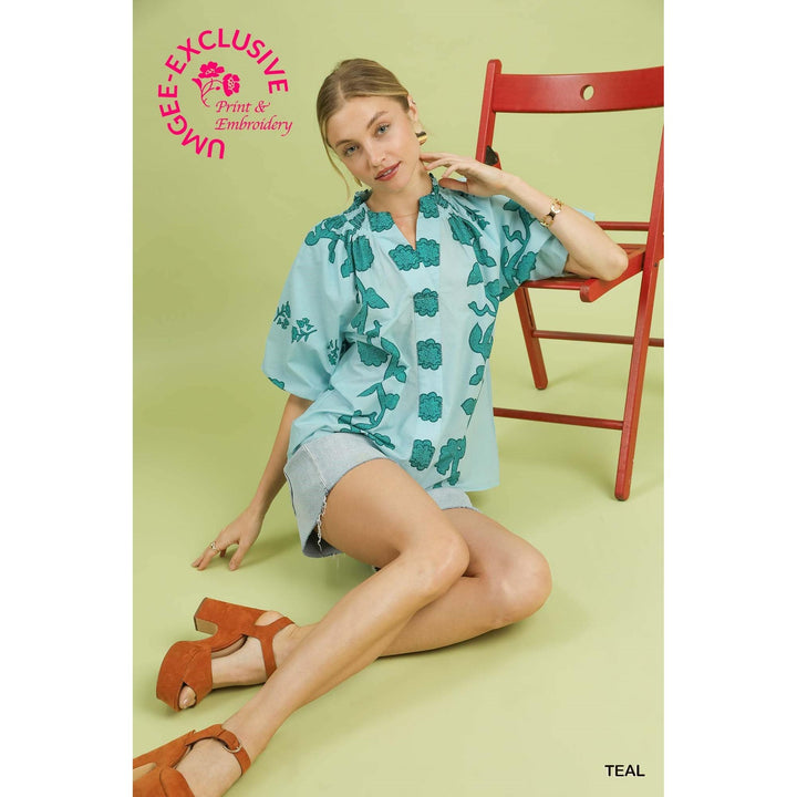 Umgee Print Smocked Collared Top - Teal