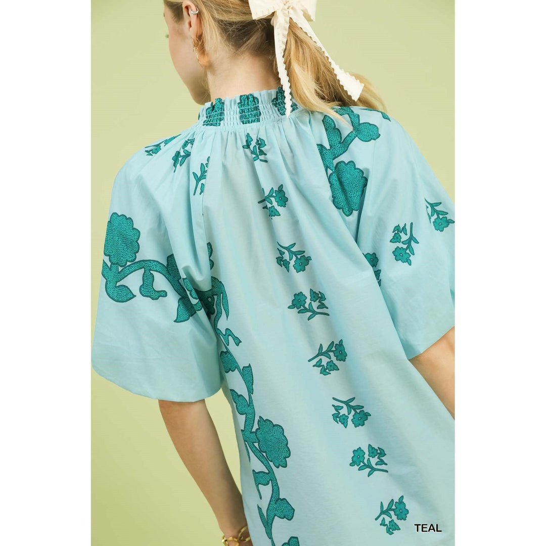 Umgee Print Smocked Collared Top - Teal