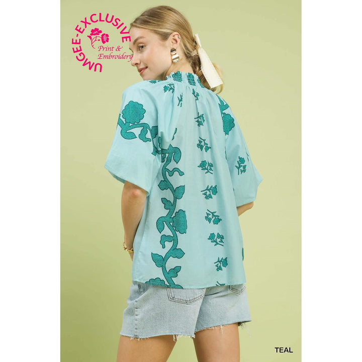 Umgee Print Smocked Collared Top - Teal