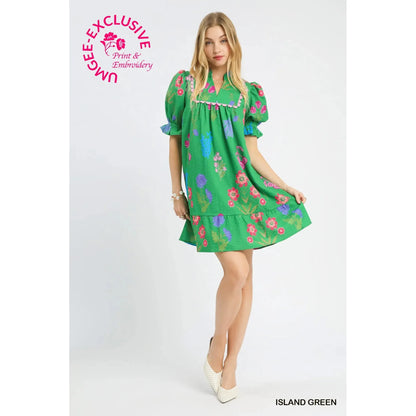 Blossom Multi Floral Print Ruffled Mandarin Collar Dress - Island Green